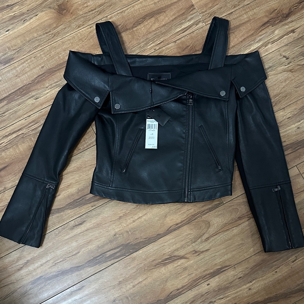 BCBGMaxAzria Black Off-Shoulder Leather Jacket
